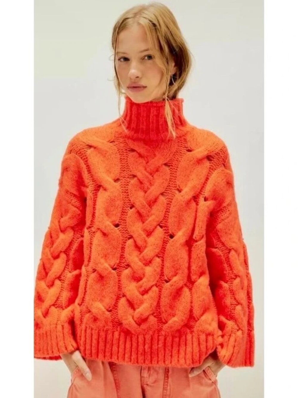 Free People Clementine‎ SoftSpun Cable Knit Pullover Orange OB2387227 Medium